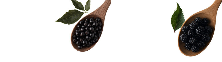 Poster - On a white background, a wooden spoon and a green leaf are situated alongside a pile of elderberries and elder berries