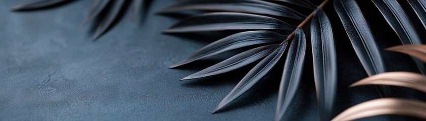 Poster - Softly illuminated black and chrome palm leaves rest against a moody backdrop, creating a rich and cinematic atmosphere perfect for upscale design needs and creative projects