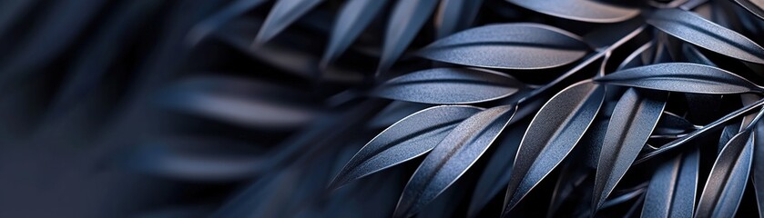 Poster - Softly illuminated black and chrome palm leaves create a rich cinematic atmosphere, providing ample space for text and enhancing the backdrop's sophistication