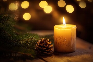 Leinwandbilder - Warm candlelight glows softly beside pinecone and evergreen branches in cozy holiday setting Generative AI