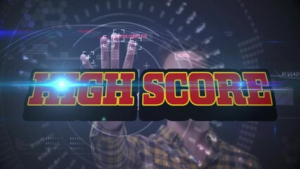 Poster - High score text animation over person interacting with futuristic digital interface