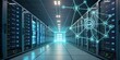 © Stock Spectrum - Data Center Network 3D Render of Server Room with Digital Overlay, Cloud Computing, Data Storage Cloud Computing, Data Center