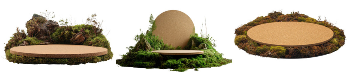Poster - Green moss and a jar cork are isolated on a white background with a coaster for a bowl