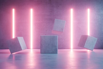 Poster - A surreal concrete environment features levitating geometric cubes illuminated by vibrant neon beams. This unique setting offers an expansive space suitable for creative text application