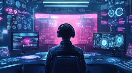 Poster - A futuristic AI operator monitors a high-tech command center with glowing holographic interfaces and data streams. Ideal for cybersecurity, AI innovation, and technology themes