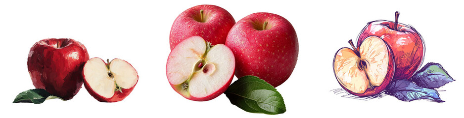 Poster - The picture presents a red apple that has been halved, an apple with green leaves set against a white background, and a red apple complete with a clipping path, all with a full depth of field for