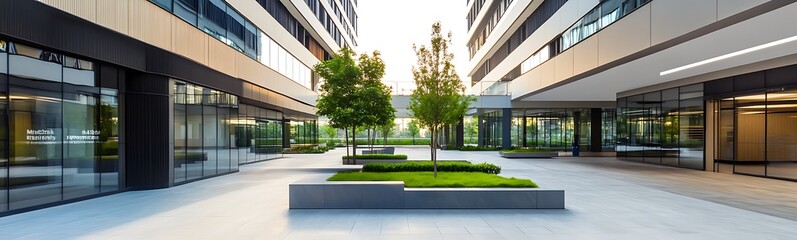 Poster - A modern business plaza featuring stylish design and architecture, perfect for commercial use.
