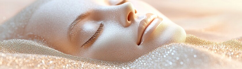 Poster - Golden sand gently forms the profile of a woman's face under warm, soft-focus sunlight. This surreal composition exudes luxury and elegance, offering ample space for text