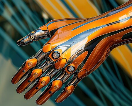 A Futuristic Robotic Hand, Orange and Chrome, Against an Abstract Background