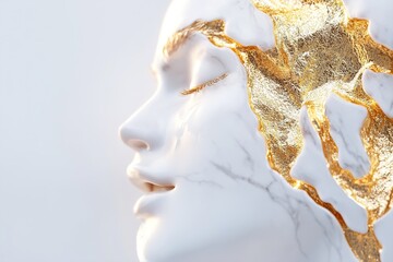 Poster - A mesmerizing scene presents smooth white marble subtly contoured into a woman's face, adorned with flowing liquid gold. Soft luxury lighting enhances the elegant, surreal design