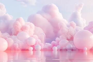 Poster - Soft golden-hour clouds fill the sky, while floating female symbols illuminate the scene. The dreamy pastel reflections create a serene, high-end fantasy setting perfect for text
