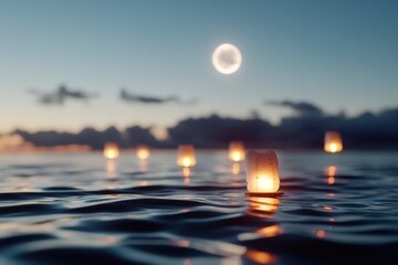 serenity by the ocean under a full moon with drifting lanterns illuminating the waves