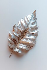 Poster - A unique chrome fern leaf is presented with detailed metallic veins that catch soft light, creating gentle liquid-like reflections. The leaf is isolated against a pure white background