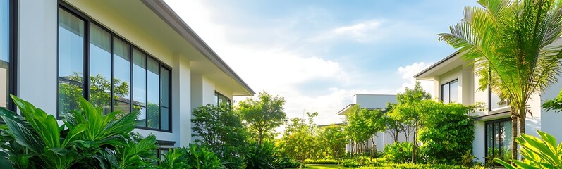 Poster - A modern residential complex featuring lush greenery in a contemporary architectural style.