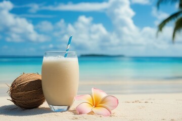 Aufkleber - Refreshing coconut drink served on sandy beach with tropical flowers and serene blue ocean backdrop Generative AI