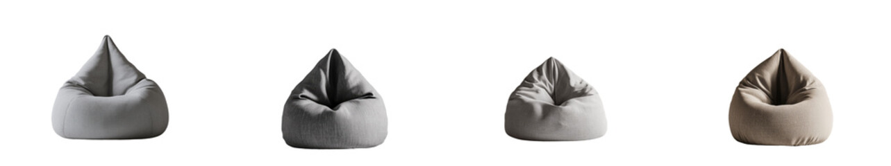 Poster - A colored armchair bag, or a grey bean bag, is pictured on a white studio background, distinguished by its flexible and adjustable textile seat, symbolizing a simple and minimal decor object,