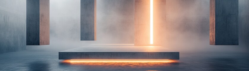 Poster - Massive concrete towers float in a surreal setting, bathed in glowing light from abstract panels, creating an atmospheric and cinematic space perfect for artistic expression