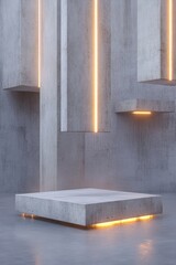Poster - Massive concrete towers float in a moody atmosphere, illuminated by lines of abstract light. The space encourages imagination and creativity with its unique design elements