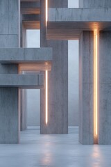 Poster - Massive floating concrete towers create a surreal landscape, enhanced by glowing light panels illuminating the moody, cinematic atmosphere and providing ample space for text