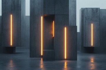 Poster - Massive concrete towers are suspended in space, illuminated by abstract light panels, creating a surreal atmosphere. The design emphasizes a cinematic quality with ample room for text