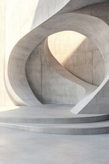Poster - Surreal concrete walls twist and curve in a high-end installation, with lighting transitioning from warm to cool tones, creating an inviting and spacious atmosphere for creativity