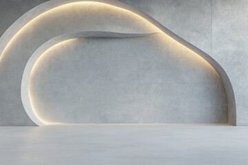Poster - A unique concrete backdrop showcases abstract curved walls illuminated by a smooth gradient that shifts from warm to cool tones. This space offers ample room for creative text placement