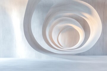 Poster - A spacious environment features abstract curved walls made of high-end concrete. The smooth gradient lighting transitions from warm hues to cool tones, creating a modern and surreal atmosphere