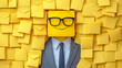 © Synthesia Studio - Business professional with a yellow sticky note head and sunglasses, symbolizing workplace organization, creativity, and corporate identity, ideal for productivity and office culture concepts