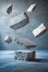 Poster - Massive broken concrete slabs float effortlessly in mid-air against a surreal backdrop. Soft morning light enhances the dreamlike quality, creating ample space for text