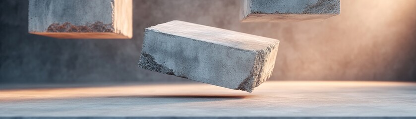 Poster - Massive concrete slabs appear to float gracefully in mid-air, illuminated by soft morning light, creating a dreamlike ambiance perfect for modern design projects