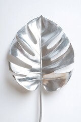 Poster - A surreal monstera leaf is transformed into liquid chrome, showcasing smooth reflective silver textures