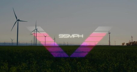 Poster - Wind turbines spinning in field with colorful V-shaped animation overlay