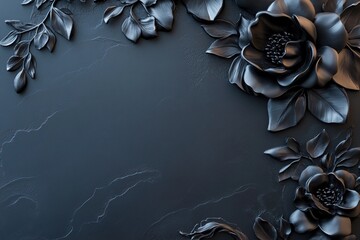 Poster - Delicate chrome floral engravings create a luxurious botanical environment against a deep matte black background. Soft reflections enhance the elegant atmosphere, offering ample space for text
