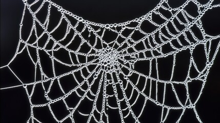Delicate spiderweb adorned with glistening dewdrops against a dark backdrop