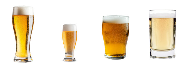 Poster - A glass of fresh golden-colored beer, capped with foam, sits isolated on a plain white background in a tulip-shaped vessel