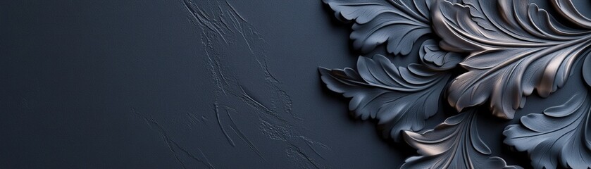 Poster - Delicate chrome floral engravings adorn a smooth, deep matte black surface, creating an elegant high-end atmosphere with soft glowing reflections. Ample space is available for text