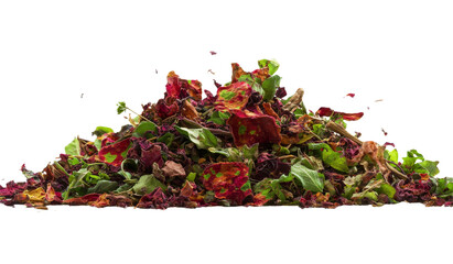 Poster - A combination of sea salt and spices in the French style, featuring sea salt, parsley, chives, dill, coriander, tarragon, and red peppercorns, all isolated on a white background with visible texture