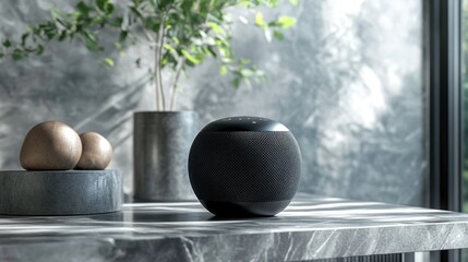 Poster - A stylish interior scene featuring decorative objects, including a textured black vase and minimalist elements against a modern marble table.