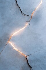 Poster - Soft bioluminescent light emerges from the fractures in a textured concrete surface, creating a moody ambiance that enhances the industrial aesthetic and invites creativity