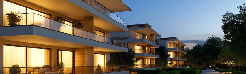 Aufkleber - High-end residential complex featuring warm lighting, perfect for architectural and real estate photography.