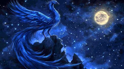 A blue phoenix with a backdrop of a starry sky that swirls and a shining moon