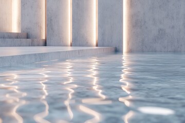 Poster - Gentle ripples of water reflect soft light onto high-end concrete surfaces, creating a serene and luxurious atmosphere, perfect for relaxation and inspiration