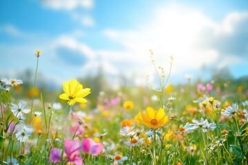 Poster - Colorful wildflower field under a bright sun at midday showing vibrant blooms and a clear sky Generative AI