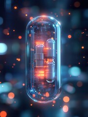 Leinwandbilder - Futuristic transparent pill bottle with glowing capsules showcases cyberpunk aesthetics and high tech design in brilliant detail Generative AI