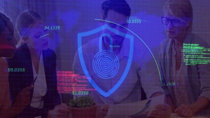Poster - Security shield animation over diverse business team discussing documents at office