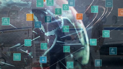 Poster - In office, animation of digital icons overlaying diverse business people interacting
