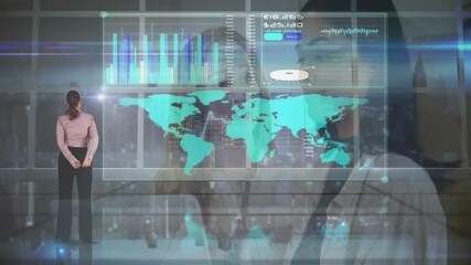 Poster - In office, diverse professionals analyzing global financial data with animation on screens