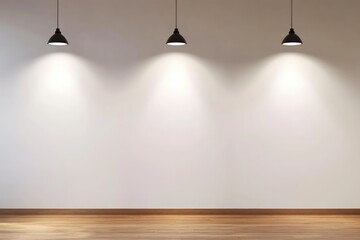 Aufkleber - A white wall with three black spotlights casting soft illumination, creating a clean and minimalist background. Ideal for interior design, product mockups, and presentations