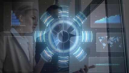 Poster - Discussing data analytics, business professionals using futuristic animation in meeting