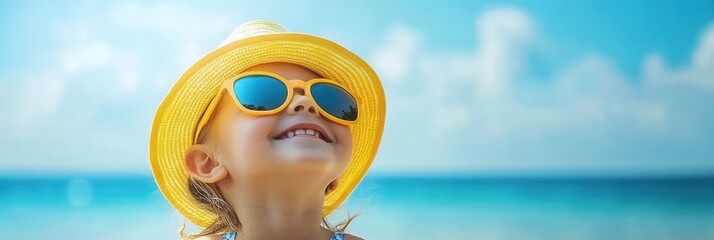 Aufkleber - Bright sunny day at the beach with a joyful child wearing a yellow hat and sunglasses enjoying the warm weather Generative AI